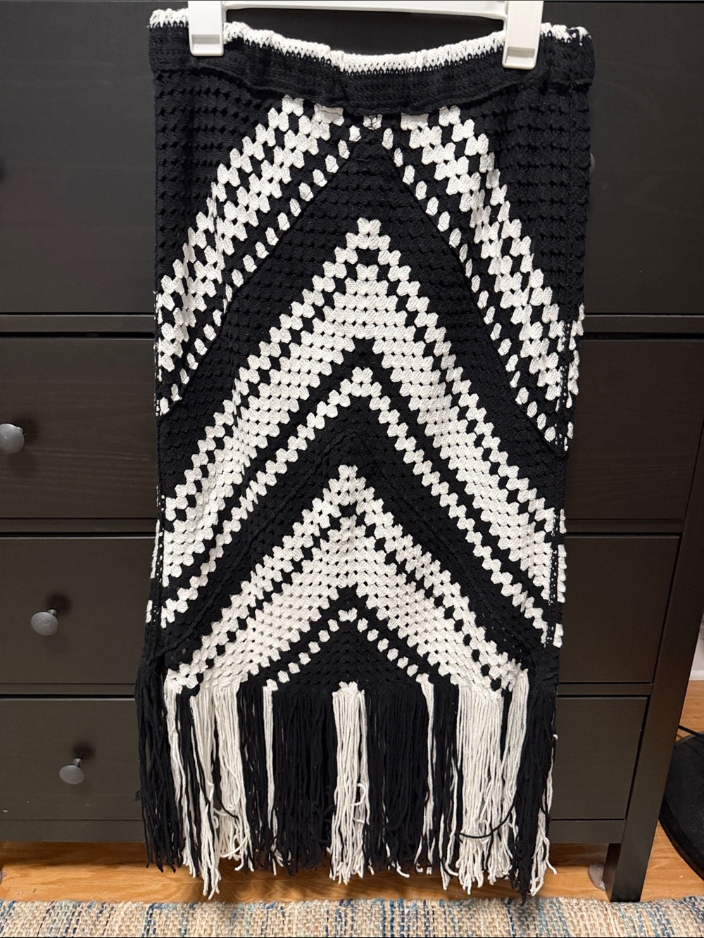 Black & White Crochet Fringe Midi Skirt